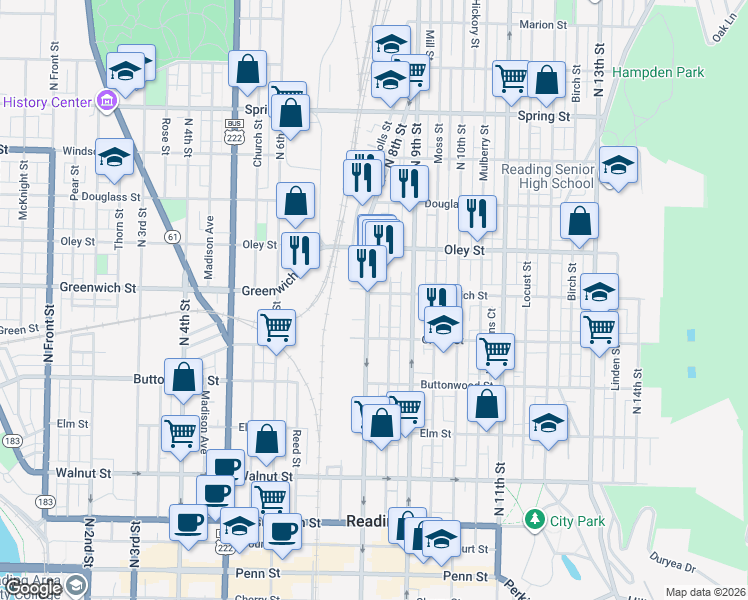 map of restaurants, bars, coffee shops, grocery stores, and more near 546 Cedar Street in Reading