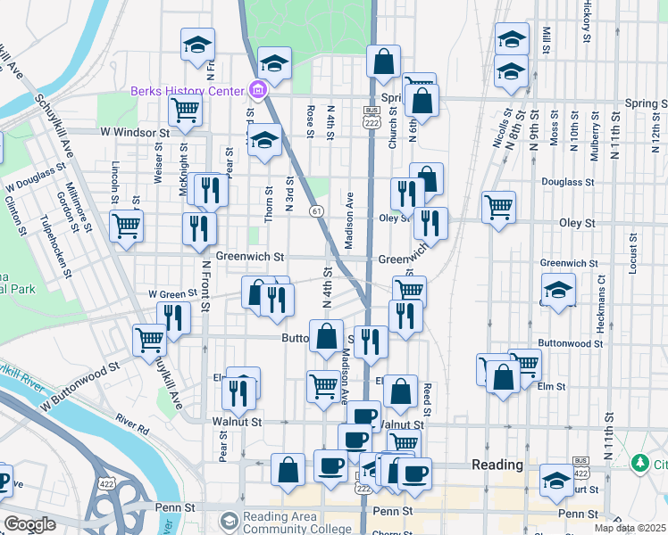 map of restaurants, bars, coffee shops, grocery stores, and more near 532 North 4th Street in Reading