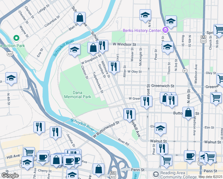 map of restaurants, bars, coffee shops, grocery stores, and more near 559 Gordon Street in Reading