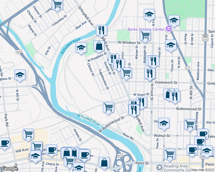 map of restaurants, bars, coffee shops, grocery stores, and more near 367 West Greenwich Street in Wyomissing