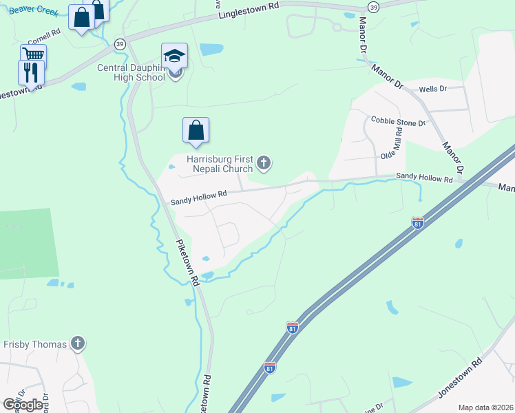 map of restaurants, bars, coffee shops, grocery stores, and more near 7170 Beaver Creek Road in Harrisburg