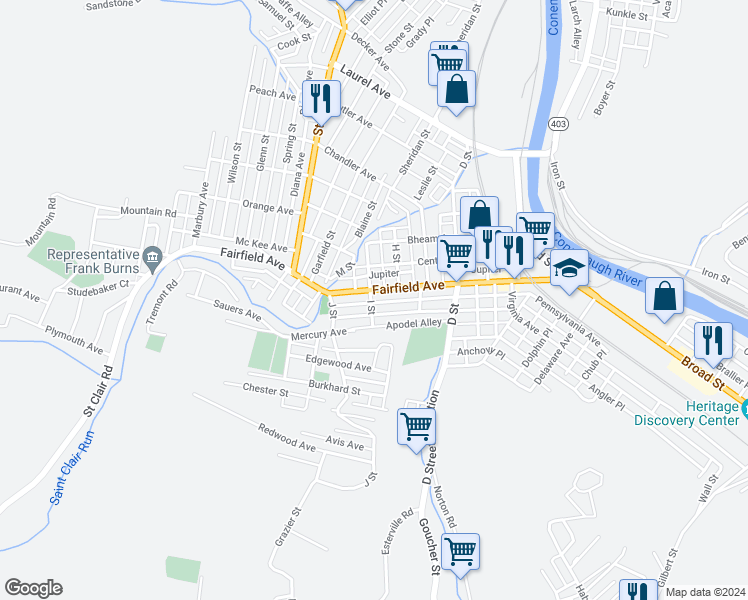 map of restaurants, bars, coffee shops, grocery stores, and more near 196 Barron Avenue in Johnstown