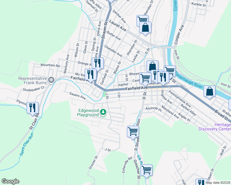 map of restaurants, bars, coffee shops, grocery stores, and more near 248 Barron Avenue in Johnstown