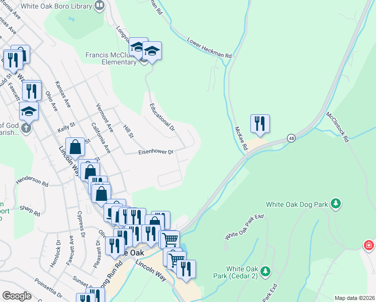 map of restaurants, bars, coffee shops, grocery stores, and more near 3326 Eisenhower Drive in White Oak