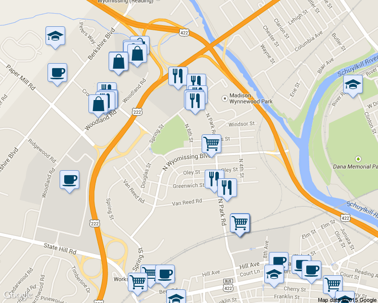 map of restaurants, bars, coffee shops, grocery stores, and more near 601 North Wyomissing Boulevard in Wyomissing