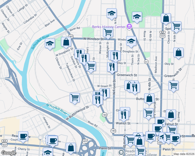 map of restaurants, bars, coffee shops, grocery stores, and more near 537 Weiser Street in Reading