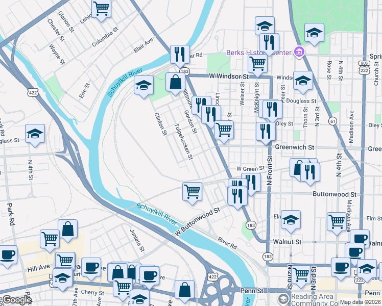 map of restaurants, bars, coffee shops, grocery stores, and more near 367 West Greenwich Street in Wyomissing
