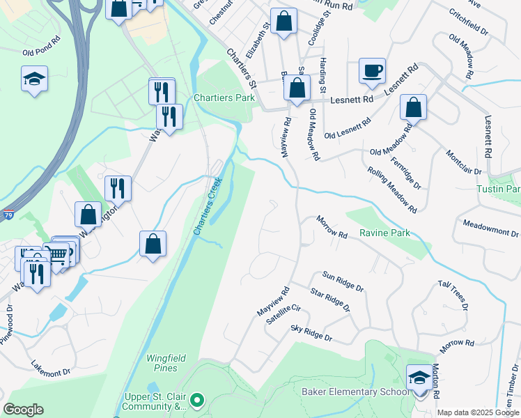 map of restaurants, bars, coffee shops, grocery stores, and more near 1390 Langport Drive in Pittsburgh