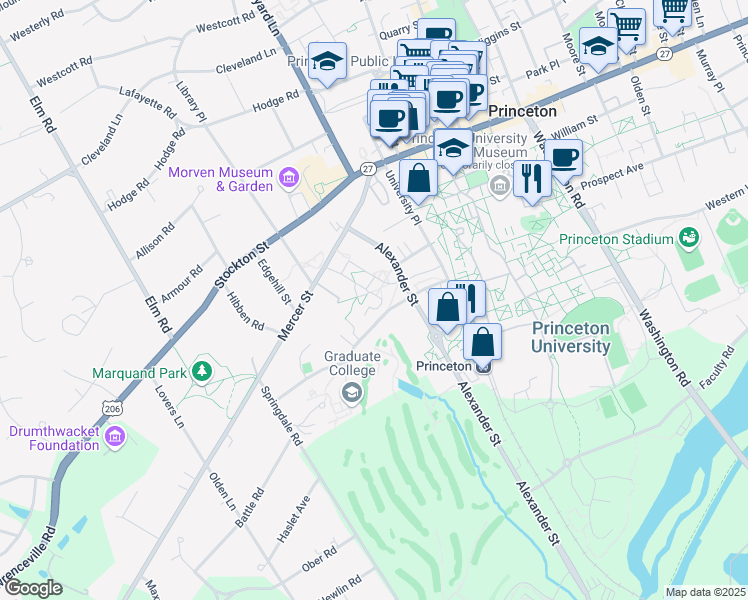 map of restaurants, bars, coffee shops, grocery stores, and more near 64 Mercer Street in Princeton