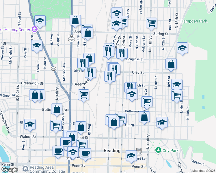 map of restaurants, bars, coffee shops, grocery stores, and more near 542 Poplar Lane in Reading