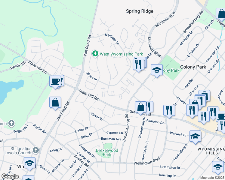 map of restaurants, bars, coffee shops, grocery stores, and more near 166 Hawthorne Court in Wyomissing
