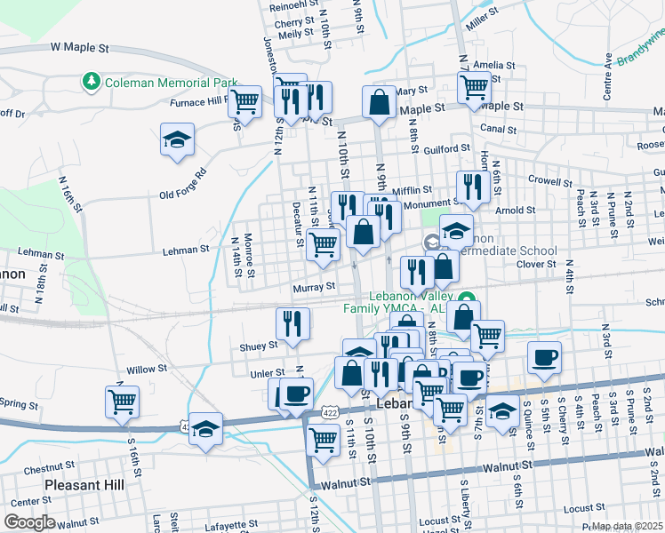 map of restaurants, bars, coffee shops, grocery stores, and more near 1024 Church Street in Lebanon