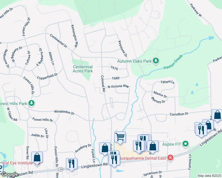 map of restaurants, bars, coffee shops, grocery stores, and more near 4303 North Victoria Way in Harrisburg