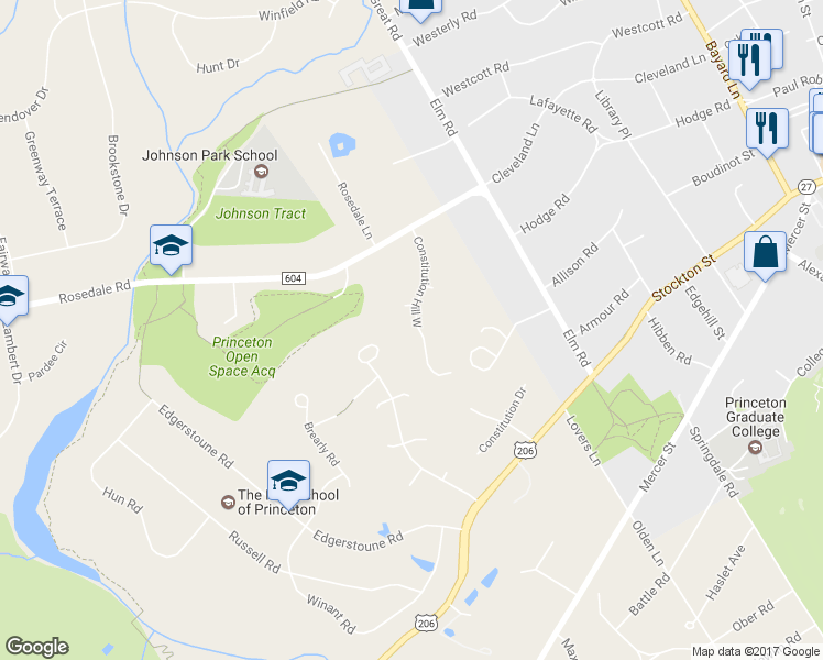map of restaurants, bars, coffee shops, grocery stores, and more near 32 Constitution Hill West in Princeton