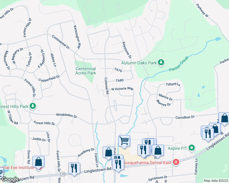 map of restaurants, bars, coffee shops, grocery stores, and more near 4303 North Victoria Way in Harrisburg