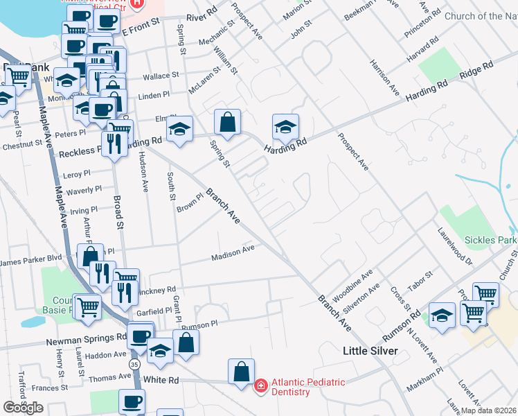 map of restaurants, bars, coffee shops, grocery stores, and more near 290 Spring Street in Red Bank