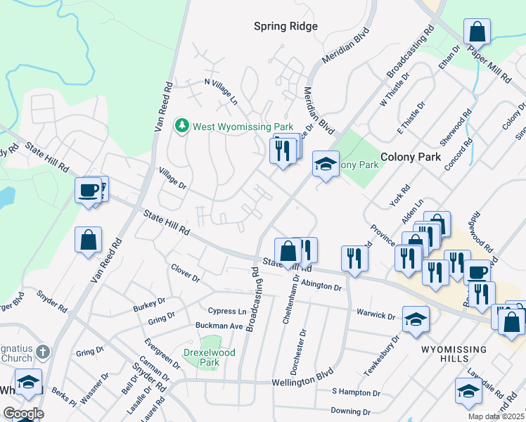map of restaurants, bars, coffee shops, grocery stores, and more near 126 Hawthorne Ct in Wyomissing