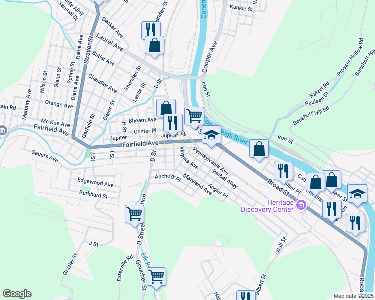map of restaurants, bars, coffee shops, grocery stores, and more near 56 Stackhouse Street in Johnstown