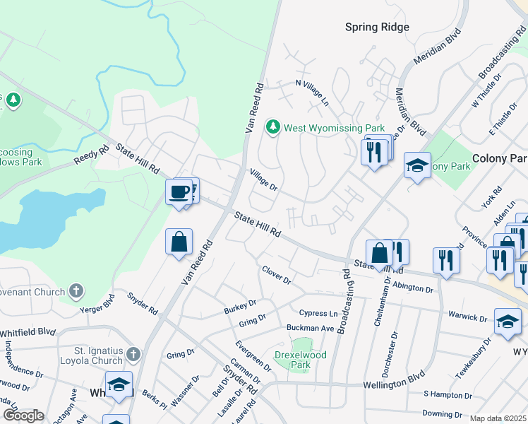 map of restaurants, bars, coffee shops, grocery stores, and more near 119 Laurel Court in Reading