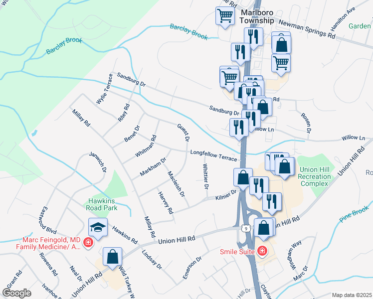 map of restaurants, bars, coffee shops, grocery stores, and more near 51 Guest Drive in Marlboro Township