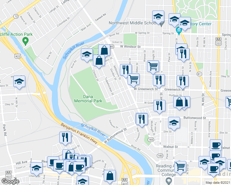 map of restaurants, bars, coffee shops, grocery stores, and more near 357 West Greenwich Street in Wyomissing