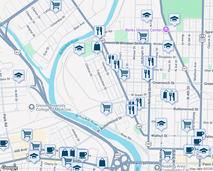 map of restaurants, bars, coffee shops, grocery stores, and more near 367 West Greenwich Street in Wyomissing