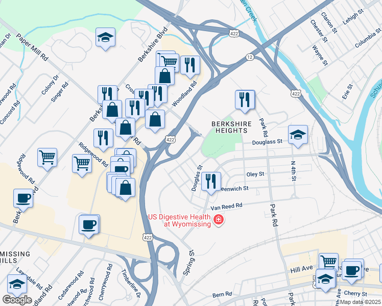 map of restaurants, bars, coffee shops, grocery stores, and more near 1007 North 8th Street in Wyomissing