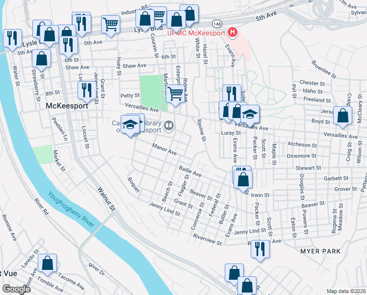map of restaurants, bars, coffee shops, grocery stores, and more near 1619 Manor Avenue in McKeesport