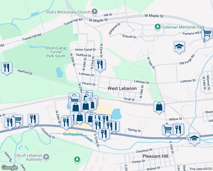 map of restaurants, bars, coffee shops, grocery stores, and more near 2105 Church St in Lebanon