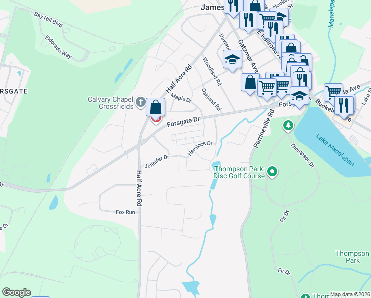 map of restaurants, bars, coffee shops, grocery stores, and more near 34 Hemlock Drive in Jamesburg