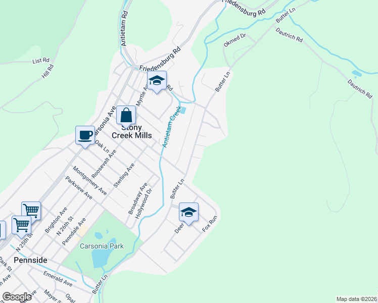 map of restaurants, bars, coffee shops, grocery stores, and more near 1315 Butter Lane in Reading