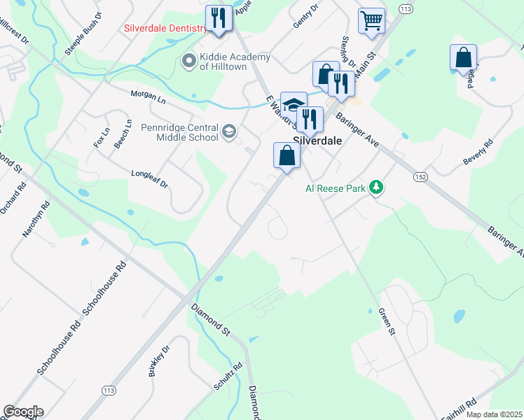 map of restaurants, bars, coffee shops, grocery stores, and more near 158 West Main Street in Sellersville