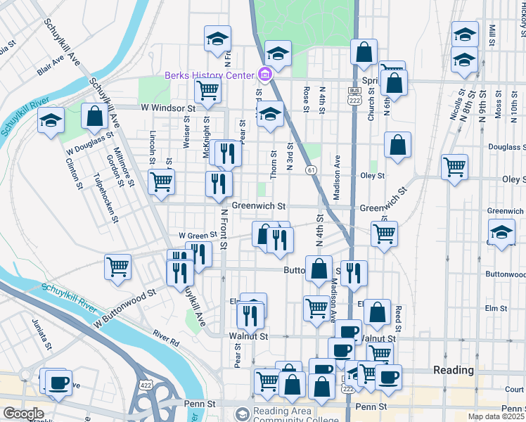 map of restaurants, bars, coffee shops, grocery stores, and more near 219 Hudson Street in Reading
