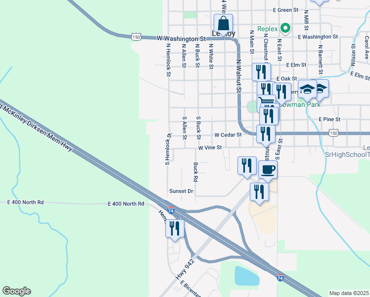 map of restaurants, bars, coffee shops, grocery stores, and more near 600 West Vine Street in Le Roy