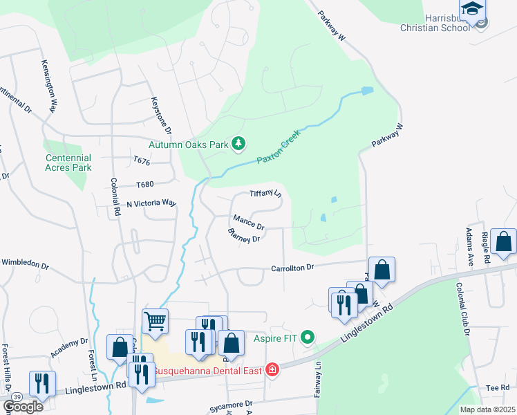 map of restaurants, bars, coffee shops, grocery stores, and more near 2573 Tiffany Lane in Harrisburg
