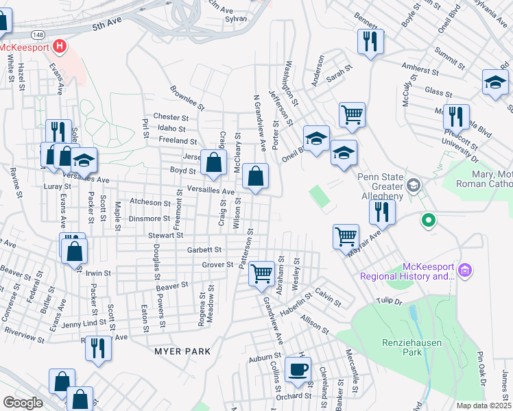 map of restaurants, bars, coffee shops, grocery stores, and more near 1309 Patterson Street in McKeesport