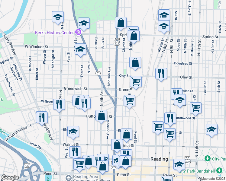 map of restaurants, bars, coffee shops, grocery stores, and more near 556 North 5th Street in Reading