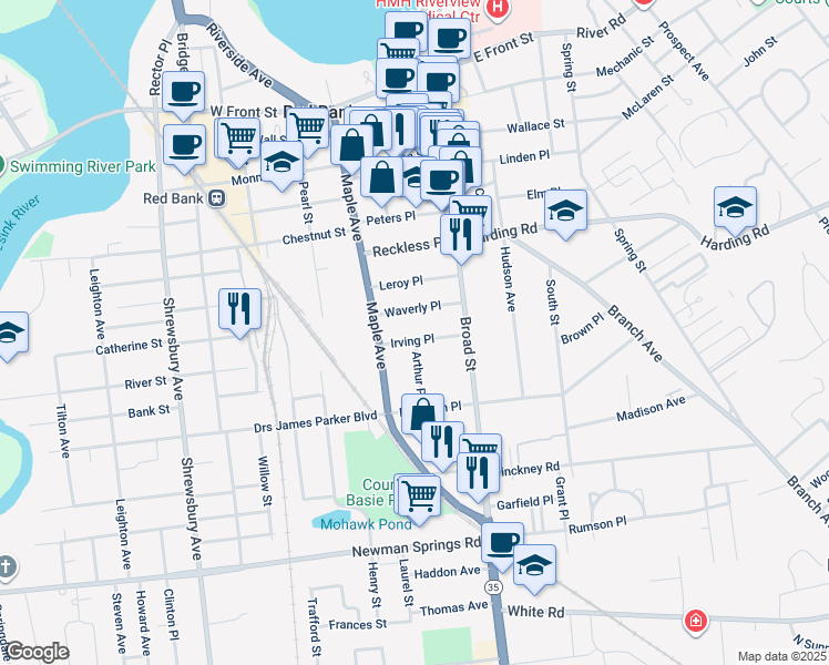 map of restaurants, bars, coffee shops, grocery stores, and more near 44 Irving Place in Red Bank