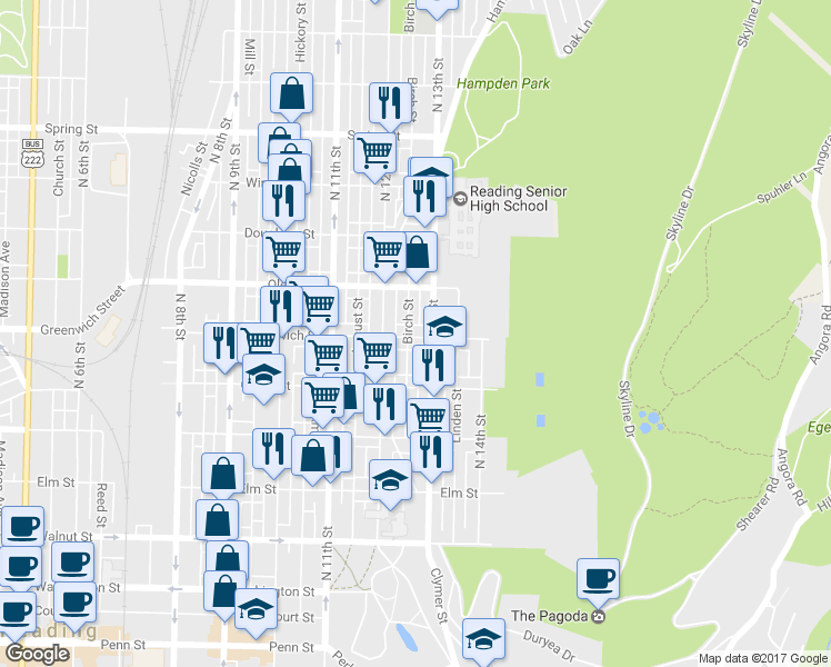 map of restaurants, bars, coffee shops, grocery stores, and more near 1239 East Greenwich Street in Reading