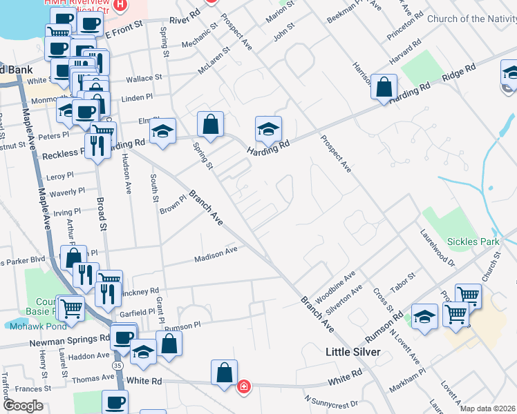 map of restaurants, bars, coffee shops, grocery stores, and more near 301 Spring Street in Red Bank