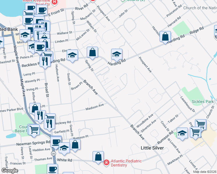 map of restaurants, bars, coffee shops, grocery stores, and more near 301 Spring Street in Red Bank