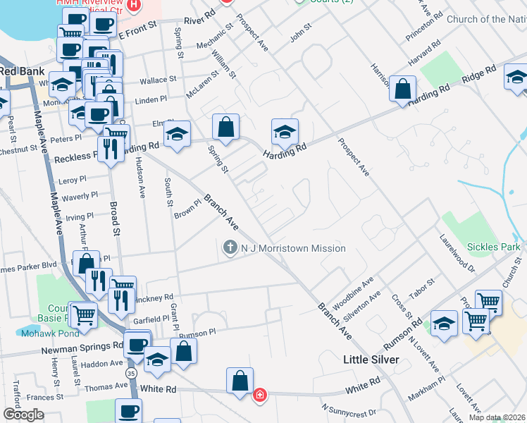map of restaurants, bars, coffee shops, grocery stores, and more near 301 Spring Street in Red Bank
