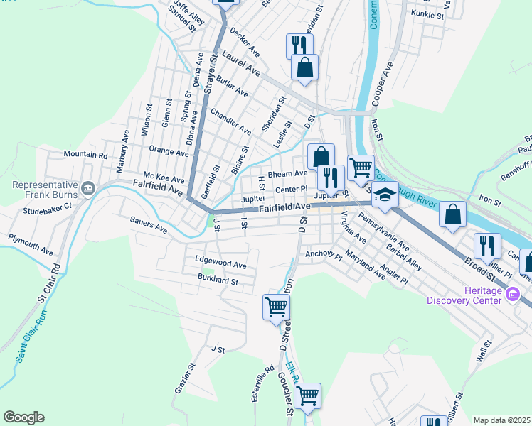 map of restaurants, bars, coffee shops, grocery stores, and more near 160 Barron Avenue in Johnstown