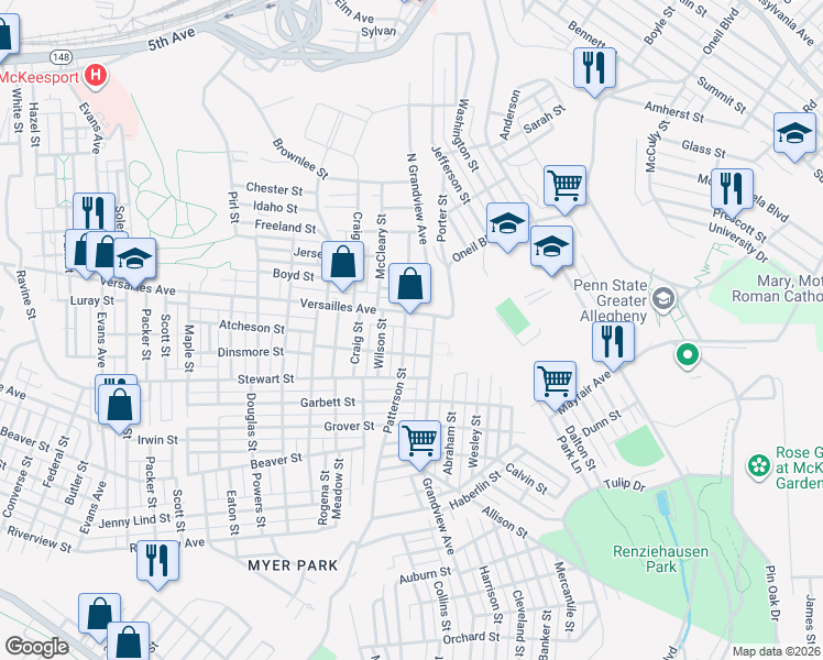 map of restaurants, bars, coffee shops, grocery stores, and more near 1309 Patterson Street in McKeesport