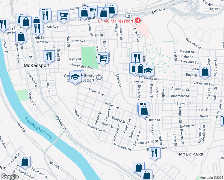map of restaurants, bars, coffee shops, grocery stores, and more near 1619 Manor Avenue in McKeesport