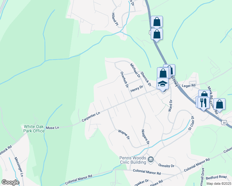 map of restaurants, bars, coffee shops, grocery stores, and more near 14410 Elizabeth Drive in Irwin