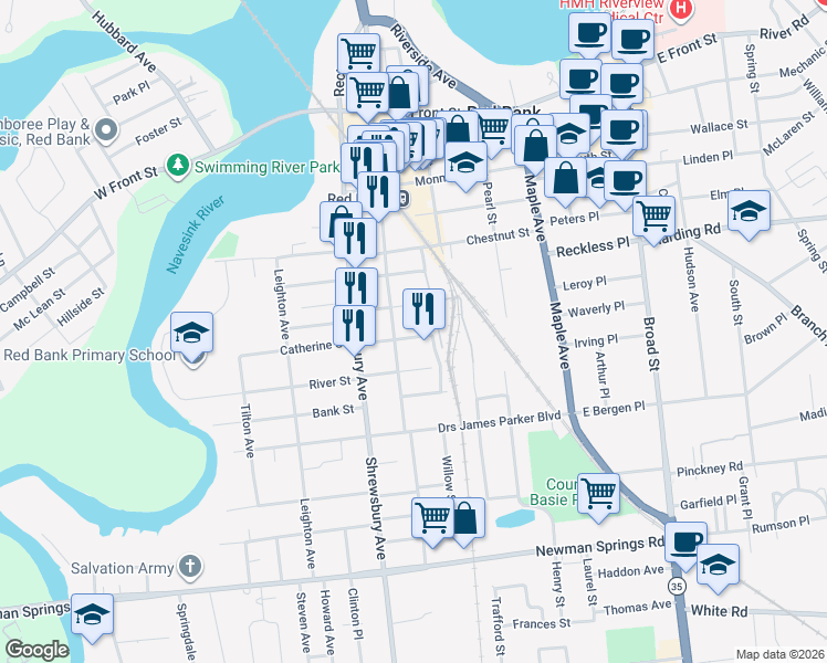 map of restaurants, bars, coffee shops, grocery stores, and more near 191 Bridge Avenue in Red Bank