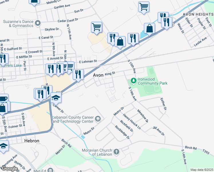 map of restaurants, bars, coffee shops, grocery stores, and more near 1220 East Chestnut Street in Lebanon