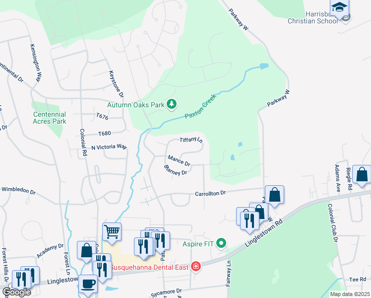 map of restaurants, bars, coffee shops, grocery stores, and more near 2573 Tiffany Lane in Harrisburg