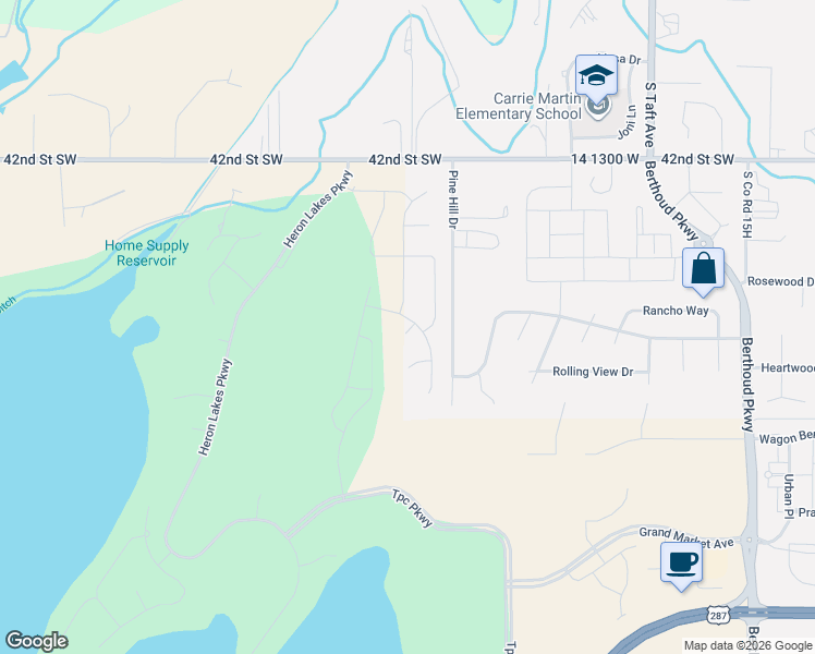 map of restaurants, bars, coffee shops, grocery stores, and more near 4599 Pine Hill Drive in Loveland